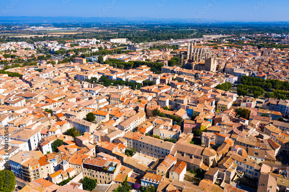 Panoramic aerial view of district of Narbonne with apartment buildings
