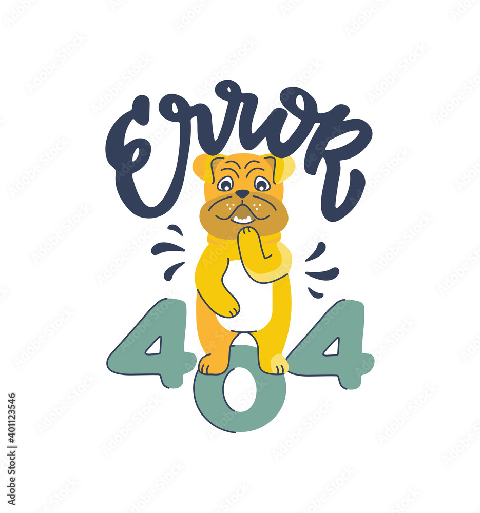The funny naked dog is covering himself. Cartoonish bulldog and a lettering phrase - Error 404 The funny naked dog is covering himself. Cartoonish bulldog and a lettering phrase - Error 404
