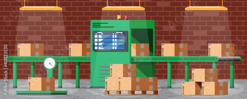 Conveyor belt machine concept interior. Modern factory equipment. Warehouse process service. Package X-ray baggage. Security, logistic and delivery. Cartoon flat vector illustration