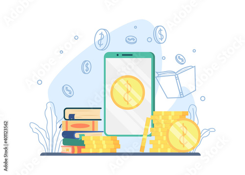Online Payment for bookstore concept. stack of books and coins. online library, online reading book. suitable for landing page, mobile app, sticker, poster, flyer, article, and banner. vector