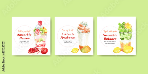 Advertise template with fruits smoothies concept design for marketing and commercial watercolor vector illustration