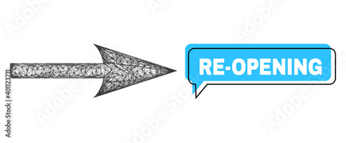 Speech Re-Opening blue bubble frame and wire frame sharp arrow right. Frame and colored area are shifted for Re-Opening label, which is located inside blue colored speech balloon.