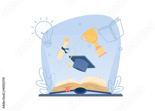 Learning and education banner.open education book give off light with graduation caps, trophies, graduation rolls. university education concept.book is a key success.vector illustration