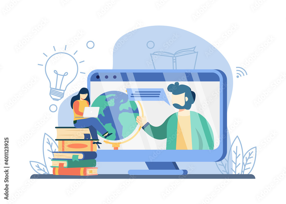 E-learning concept. man teaching on screen with a earth globe, woman watching online class on Stack of books. online education, home schooling, distance education.isolated illustration E-learning concept. man teaching on screen with a earth globe, woman watching online class on Stack of books. online education, home schooling, distance education.isolated illustration
