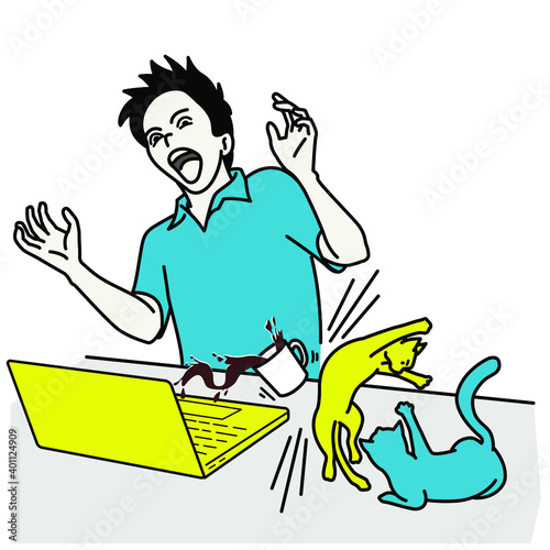 Young man is shocked with cats fighting and make coffee cup splash into laptop. Outline, linear, thin line art, hand drawn sketch, simple design. 