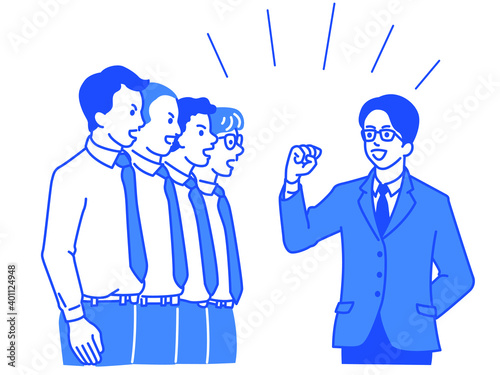 Businessman raising hand, holding fist, and giving speech to encourage his team with cheerful expression. Outline, thin line art, hand drawn sketch design, simple style.