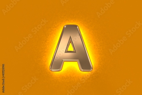 Copper or aged gold metal font with yellow noisy backlight - letter A isolated on orange background  3D illustration of symbols