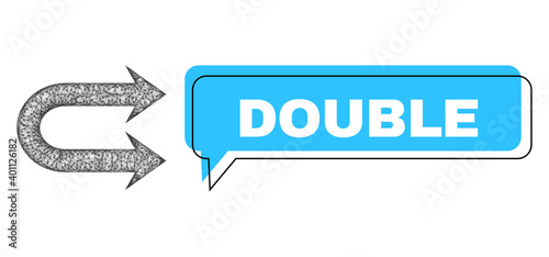 Speech Double blue bubble frame and wire frame double right arrow. Frame and colored area are shifted for Double label, which is located inside blue colored bubble.