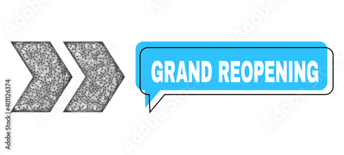 Speech Grand Reopening blue bubble frame and net mesh shift right. Frame and colored area are shifted to Grand Reopening caption, which is located inside blue colored banner.