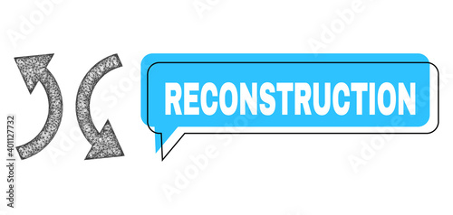 Chat Reconstruction blue cloud frame and net mesh exchange arrows. Frame and colored area are misplaced to Reconstruction caption, which is located inside blue colored banner.