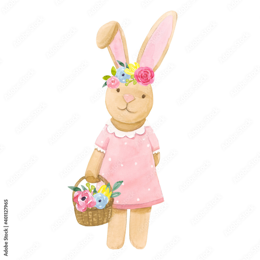 Beautiful stock illustration with watercolor cute bunny girl with flowers. Beautiful stock illustration with watercolor cute bunny girl with flowers.