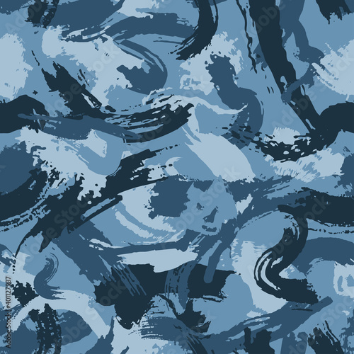 Urban camouflage, modern fashion design. Grunge texture with dry brush strokes for plaid, cloth, shirt. Blue sea shade color, fashionable, fabric. Vector seamless camo pattern.