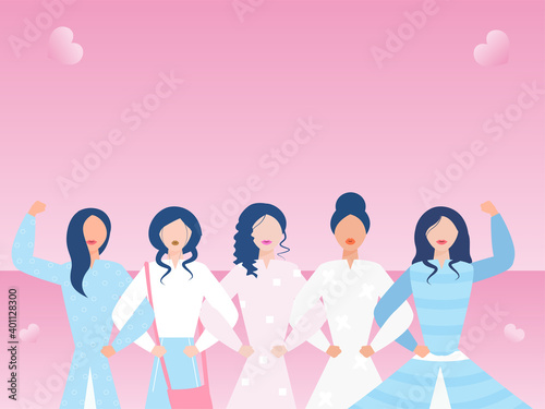 Fashionable Young Women Group Together With Showing Biceps On Glossy Pink Background.