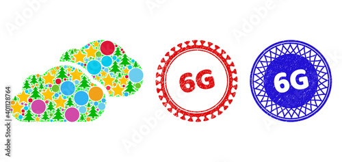 Clouds composition of Christmas symbols, such as stars, fir-trees, bright round items, and 6G grunge stamps. Vector 6G watermarks uses guilloche pattern, designed in red and blue colors. Stars,