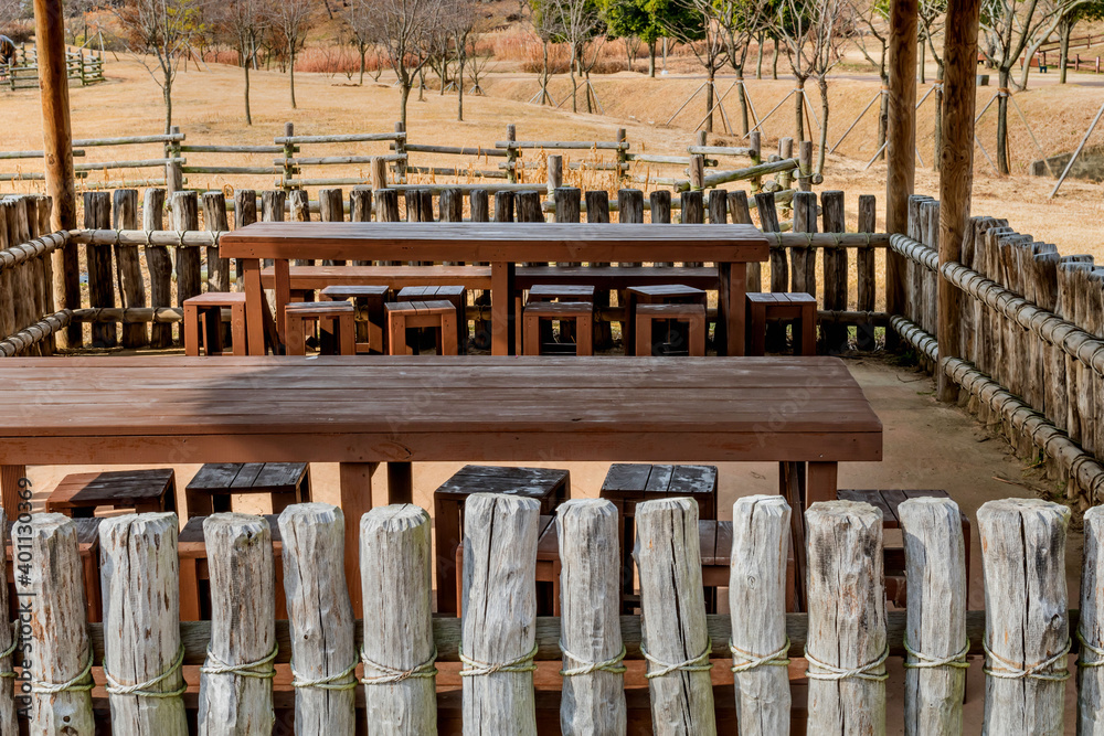 Closeup of covered wooden picnic tables