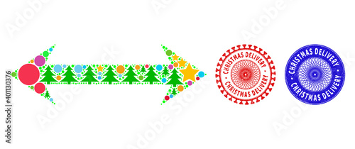 Horizontal flip mosaic of New Year symbols, such as stars, fir-trees, colored spheres, and CHRISTMAS DELIVERY rough stamp prints. Vector CHRISTMAS DELIVERY watermarks uses guilloche ornament,