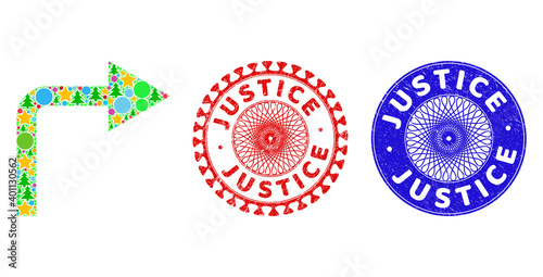 Turn right composition of New Year symbols, such as stars, fir trees, color round items, and JUSTICE textured watermarks. Vector JUSTICE watermarks uses guilloche ornament,