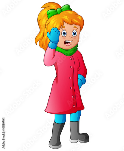 Young woman wearing warm clothes with shocked expressions