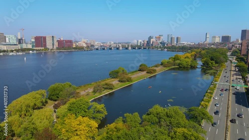 Charles River Esplanade and Storrow Lagoon aerial view on Charles River between City of Cambridge and Boston, Massachusetts MA, USA. 