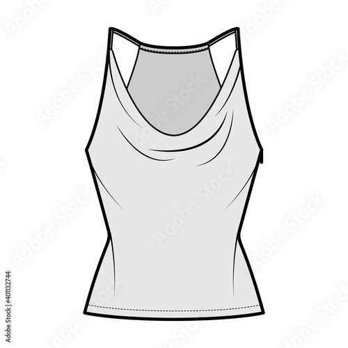 Tank low cowl Camisole technical fashion illustration with thin adjustable straps, slim fit, tunic length. Flat apparel outwear top template front, grey color. Women men unisex CAD mockup
