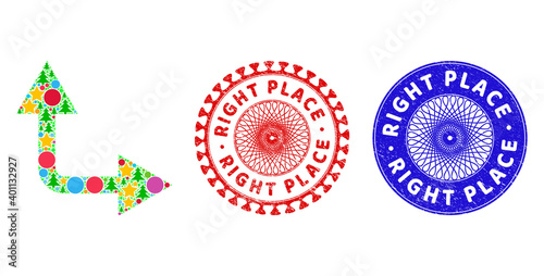 Bifurcation arrow right up composition of Christmas symbols, such as stars, fir trees, color balls, and RIGHT PLACE rough stamp seals. Vector RIGHT PLACE seals uses guilloche pattern,
