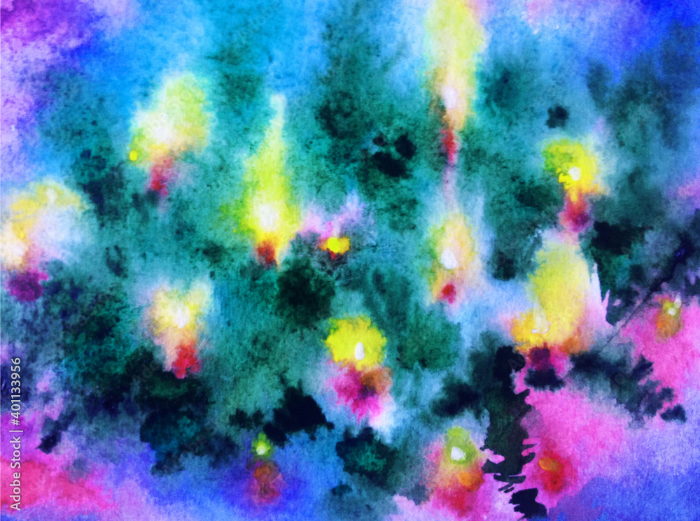 Watercolor colorful bright textured abstract background handmade . Holliday pattern. Painting of christmas tree , made in the technique of watercolors from nature