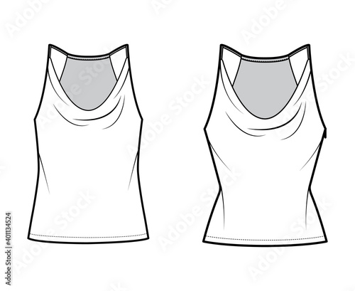 Set of Tanks low cowl Crop Camisoles technical fashion illustration with thin adjustable straps, slim, oversized fit, waist length. Flat outwear top template front white color. Women men CAD mockup