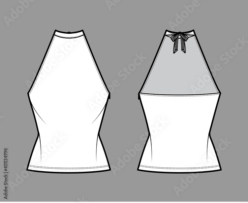 Top crop high neck halter tank cotton-jersey technical fashion illustration with bow, slim fit, waist length. Flat outwear apparel template front, back, white color. Women men unisex CAD mockup