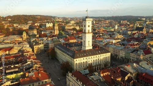 aerial 4k shot of city center of Lviv, Ukraine from above