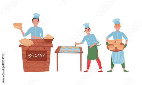 Smiling Man Baking Bread and Making Confections Vector Illustration Set