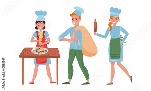 Smiling Man and Woman Baking Bread and Making Confections Vector Illustration Set