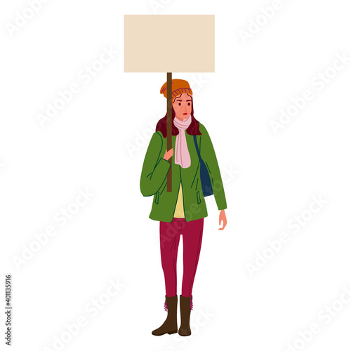 Protester woman holding empty banner. Activist protesting, political meeting, strike human female rights. Vector illustration