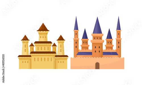 Bright Fairy Castles as Fortified Middle Age Stone Structure Vector Set