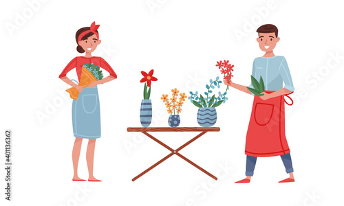 Young Male and Female Florist Arranging Bunch of Flowers for Sale Vector Illustration Set