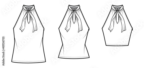 Set of Tops V-neck halter tank technical fashion illustration with tie, wrap, slim, oversized fit, bow, crop, tunic length. Flat outwear template front, white color. Women men unisex CAD mockup