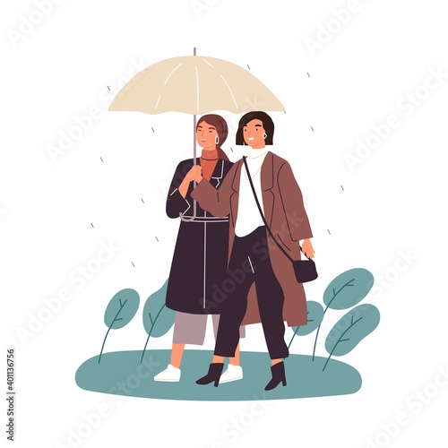 Two female friends walking under umbrella at rainy weather vector flat illustration. Smiling women talking, spending time together outdoors isolated. Happy girlfriends enjoy autumn or spring rain