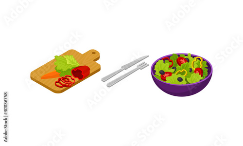 Isometric Foodstuff with Salad Bowl and Cutting Board with Vegetables Vector Set