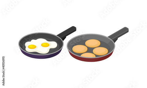 Isometric Foodstuff with Scrambled Eggs and Rissole in Frying Pan Vector Set