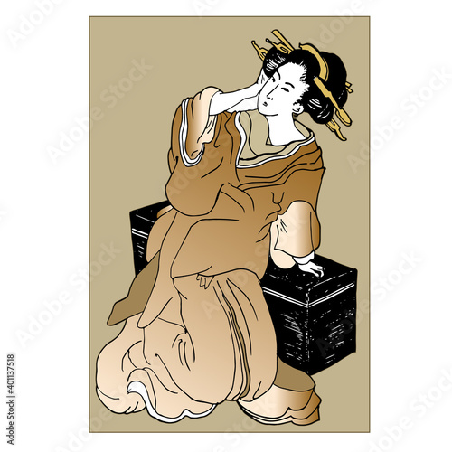 Japanese geisha girl and oriental art, illustration in style of traditional old japanese engraving. Japan traditional culture. Vintage paiting, female in kimono.