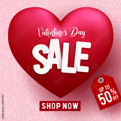 Valentine sale discount vector background concept. Valentine's day sale text and up to 50% off price tag with 3d heart element for valentine's shopping promotion. Vector illustration 