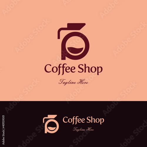 Initial letter P for Coffee shop and store logo concept with fluid icon and teapot