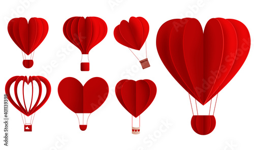 Hearts hot air balloon valentine vector set. Red hot air balloons in heart shape element isolated in white background for valentines romantic decoration collection design. Vector illustration  
