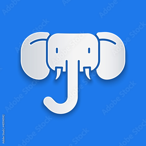 Paper cut Elephant icon isolated on blue background. Paper art style. Vector.