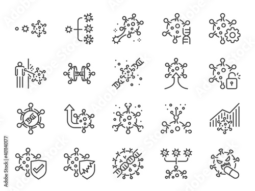 Virus mutation line icon set. Included icons as mutating, evolution, spread, coronavirus, Covid-19 and more.