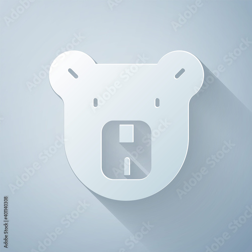 Paper cut Bear head icon isolated on grey background. Paper art style. Vector.
