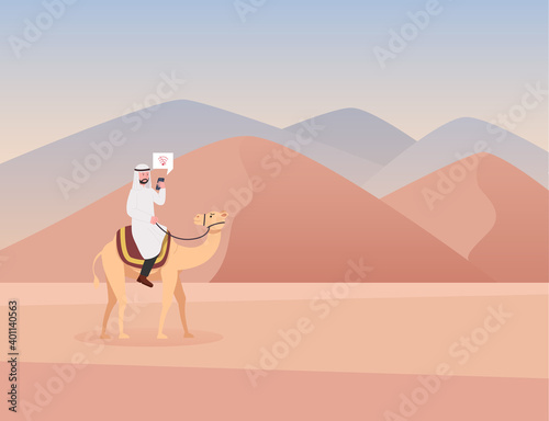 Arabian Man Riding Camel Lost on Desert Checking Phone Flat Cartoon Illustration