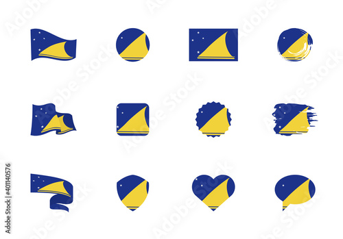 Tokelau flag - flat collection. Flags of different shaped twelve flat icons. Vector illustration set