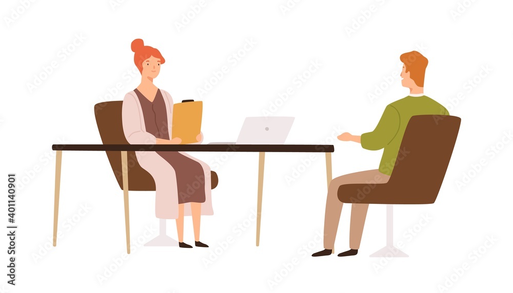 Female HR manager having job interview with male applicant vector flat illustration. Recruit and employer talking in office isolated on white. Head hunting, recruitment and candidate choice Female HR manager having job interview with male applicant vector flat illustration. Recruit and employer talking in office isolated on white. Head hunting, recruitment and candidate choice