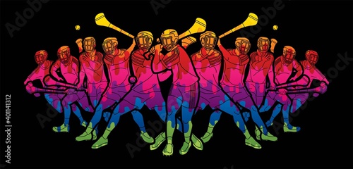 Group of Hurling sport players action. Irish Hurley sport cartoon graphic vector. photo