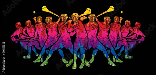 Group of Hurling sport players action. Irish Hurley sport cartoon graphic vector.